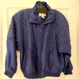 Vintage Rhoda Lynne Navy Blue Silk Gold Beaded Track Suit Jogger Bomber SzS